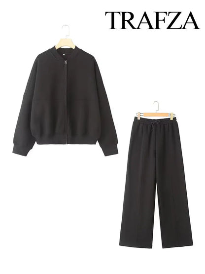 TRAFZA Women’s 2-Piece Retro Set – Solid Zipper Bomber Jacket & High-Waisted Lace-Up Velvet Pants