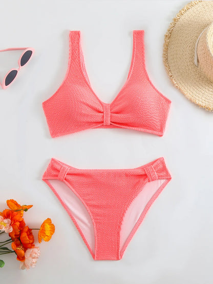 2025 Summer Women's Two-Piece Swimsuit – Solid High Waist V-Neck Backless Bikini Set Beachwear