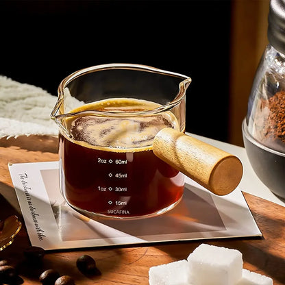 Glass Measuring Cup with Wood Handle – Clear Espresso and Milk Coffee Mug with Double Spout