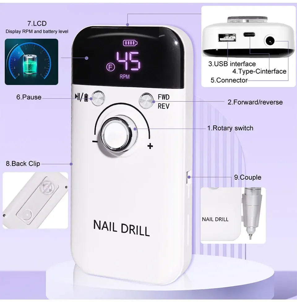 45000RPM Electric Nail Drill – Professional Rechargeable Nail File for Gel Nails, Portable Manicure Tool