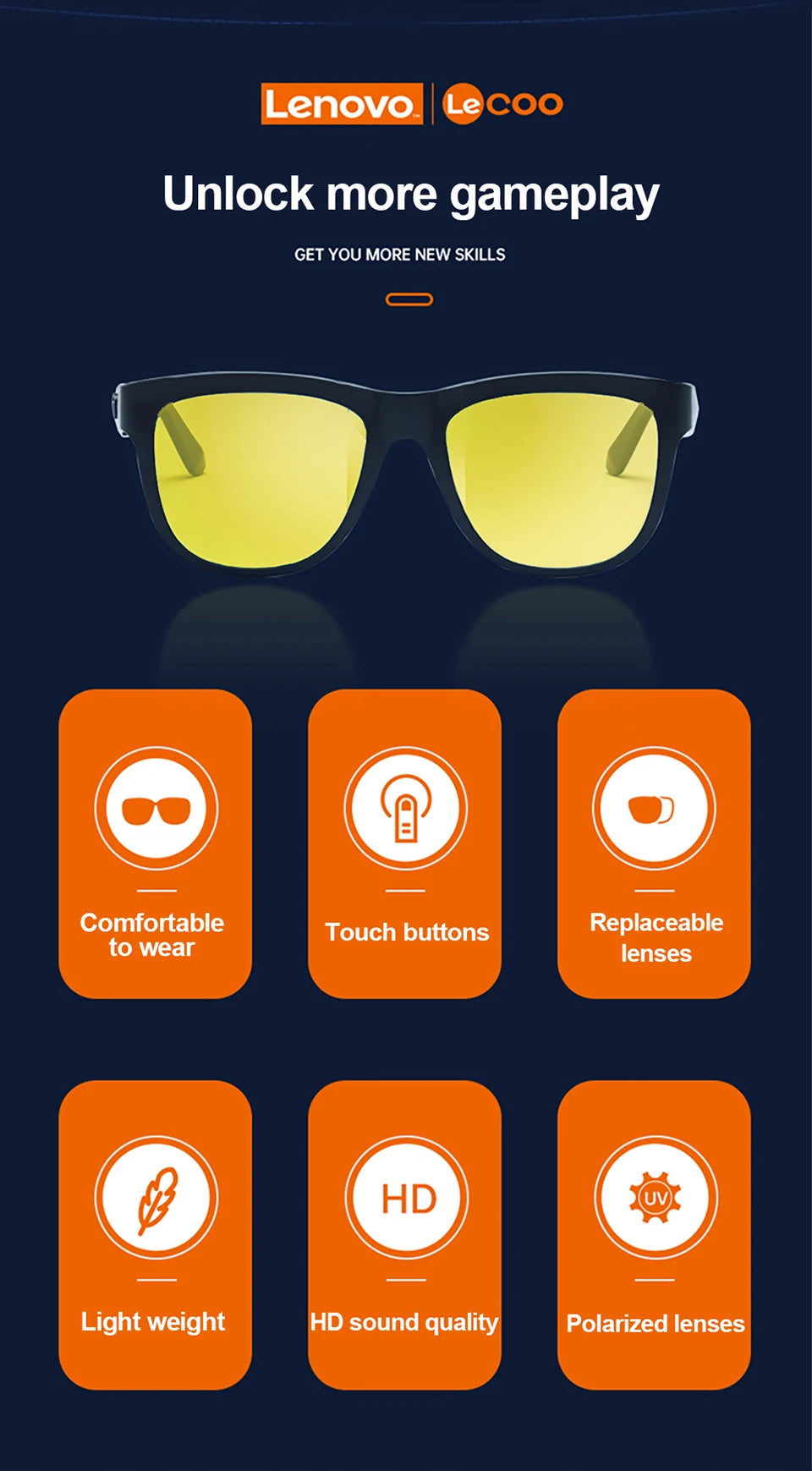 Lenovo Lecoo C8 Lite Bluetooth 5.3 Sunglasses – Wireless HiFi Earphones, HD Calls, Anti-Blue Light for Outdoor & Driving