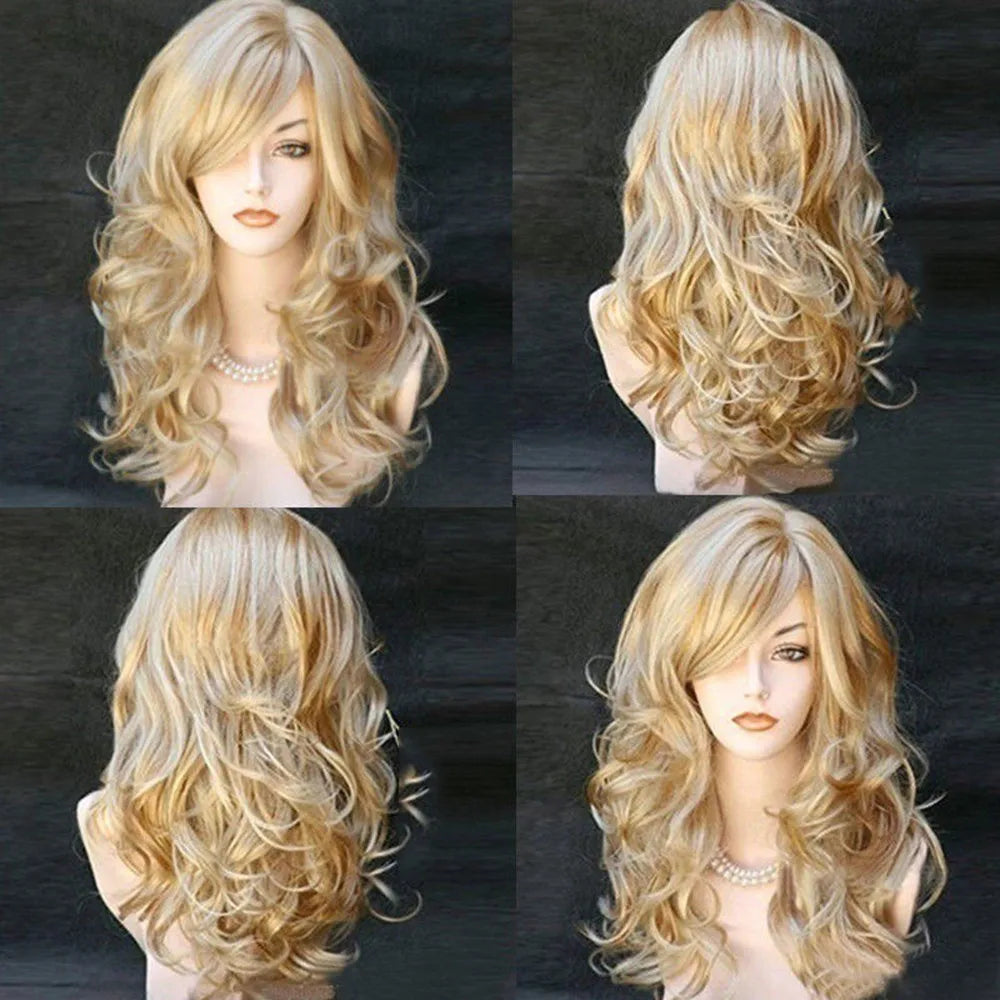 Blonde Wavy Curly Long Synthetic Wig – Heat-Resistant Fiber Costume Party Wig for Women