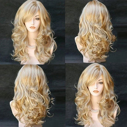 Blonde Wavy Curly Long Synthetic Wig – Heat-Resistant Fiber Costume Party Wig for Women
