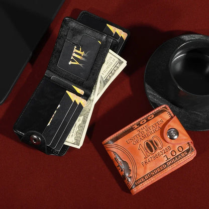 Men’s Leather Wallet with 100 Dollar Pattern — Large Capacity Card Holder Purse Bag