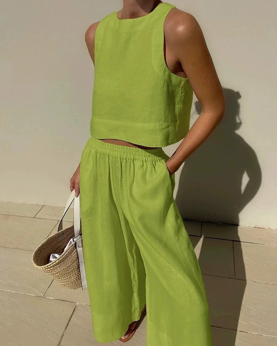 Women Cotton Linen 2-Piece Set – Sleeveless Lace-Up Top & Drawstring Long Pants Summer Commuting Outfit 2023 Fashion