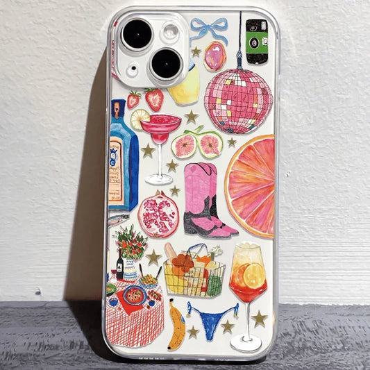 Summer Vibe Clear Phone Case — Soft Silicone Disco Ball & Fruit Design Cover for iPhone 7-16 Pro Max, Mini, XR, 11-15