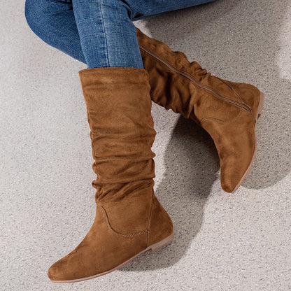 Pleated PU Women’s Fashion Boots – Casual Side-Zip Round Toe Flat High Solid Color Boots
