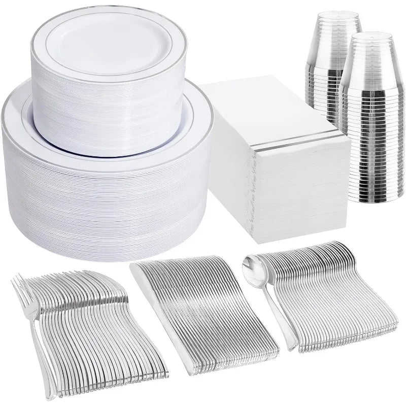 700PCS Gold Plastic Dinnerware Set – White & Gold Plates with 100 Napkins, Serves 100 Guests, Disposable Wedding Party Set
