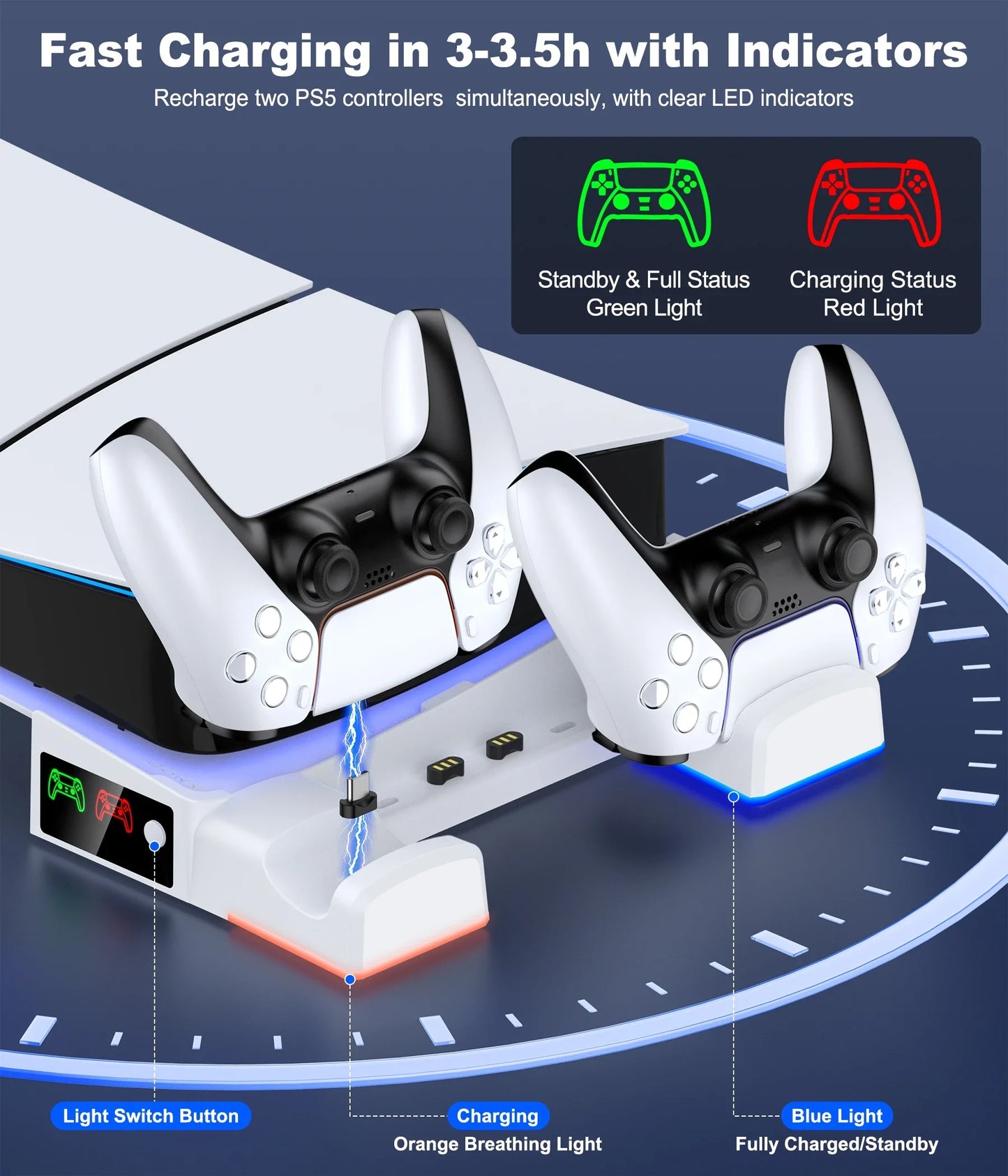 BEBONCOOL PH100 PS5 Pro & PS5 Slim Charging Stand with LED Lights – Horizontal Dock for PlayStation 5 Digital & Disc Version Accessories