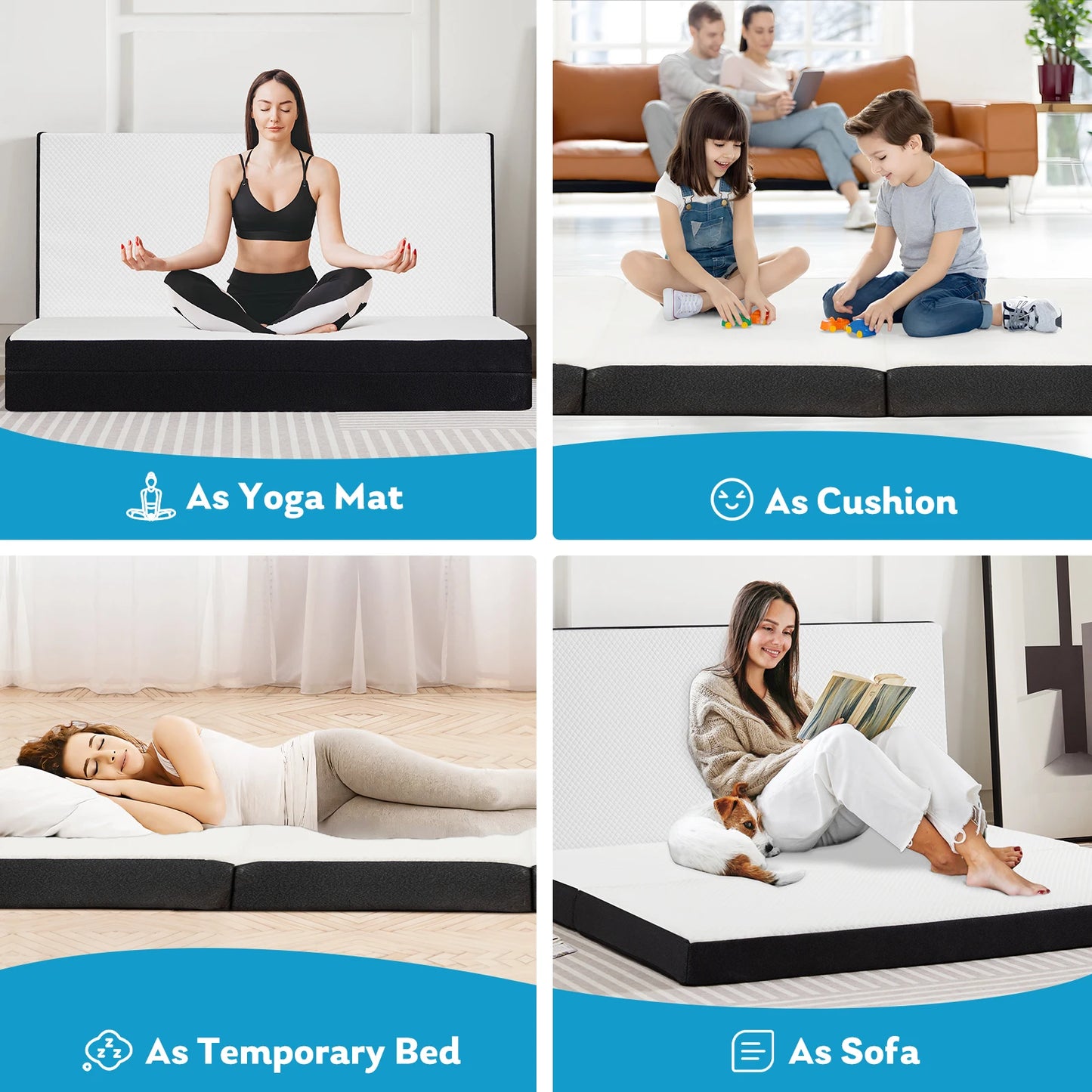 JHK Three-Fold Portable Floor Bed – CertiPUR-US Certified, Soft & Flexible Zipper Mattress for Travel, Camping, and Yoga