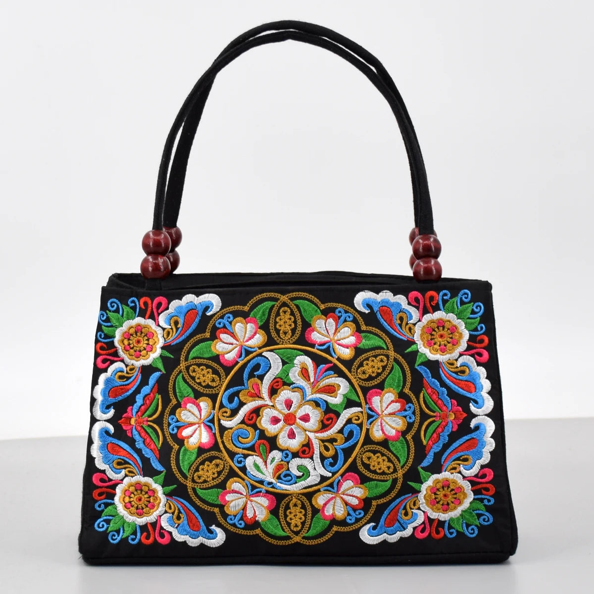 Embroidered Canvas Top Handle Bag for Women - Double Layered with Zippered Compartments, Ideal for Work and Play