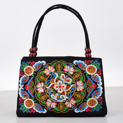 Embroidered Canvas Top Handle Bag for Women - Double Layered with Zippered Compartments, Ideal for Work and Play