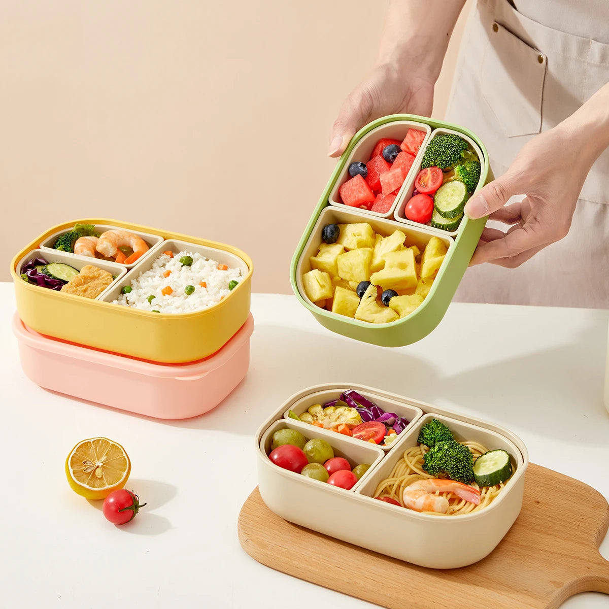 WORTHBUY 3-Grid Portable Lunch Box – Outdoor Sealed Divided Food Container, Detachable Plastic Microwave-Safe Box for Kids & Students