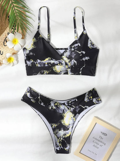 Women’s Marble Print Bandeau Bikini Set - Push Up High Waist Sport Swimsuit Beachwear