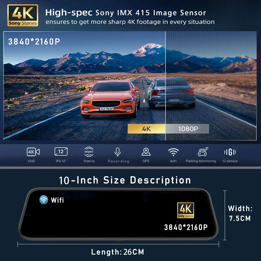 10'' 4K Mirror Dash Cam with GPS & WiFi – Dual Lens Car DVR, IPS Screen, Rearview Streaming Recorder