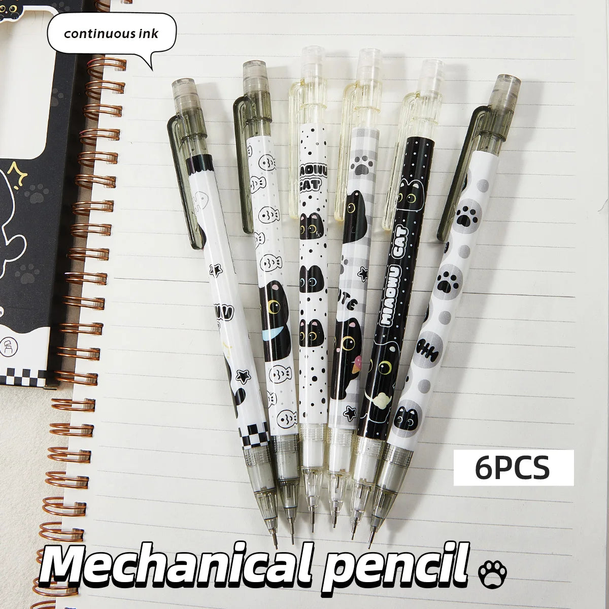 6-Piece Cute Cat Mechanical Pencil Set - 0.5mm Writing and Drawing Pencils for School, Office and Everyday Use