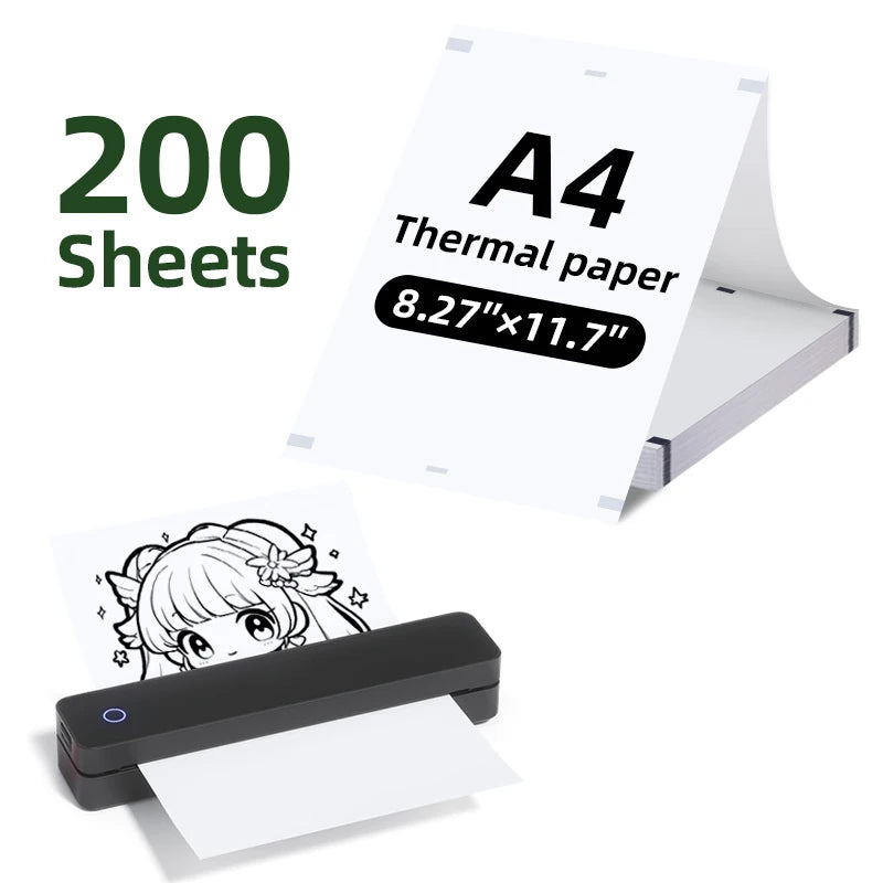 A4 Thermal Printing Paper - 200 Sheets Portable Printer Paper Roll-Free Foldable Paper 210x298mm