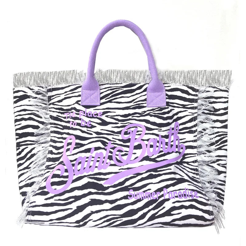Saint Barth Large Capacity Women's Beach Handbag – European & American Style, Deep Blue Striped Tassel Tote
