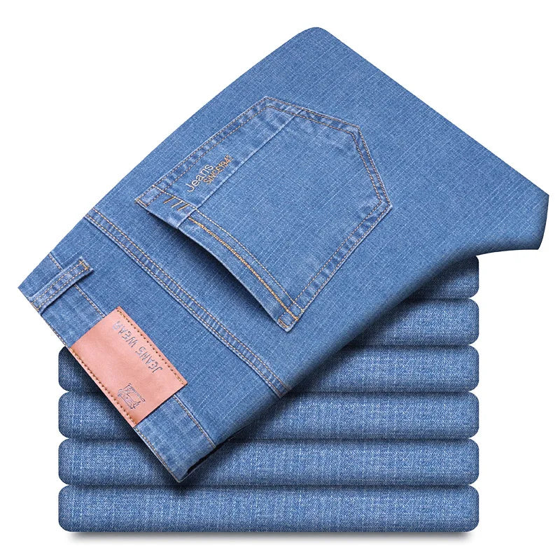Men’s Casual Comfortable Jeans – Straight Loose Fit High Waist Elastic Trousers for All Seasons & Office Wear
