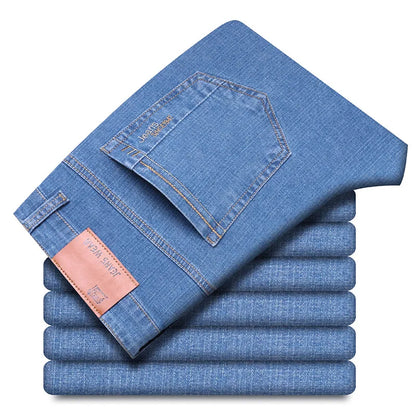 Men’s Casual Comfortable Jeans – Straight Loose Fit High Waist Elastic Trousers for All Seasons & Office Wear