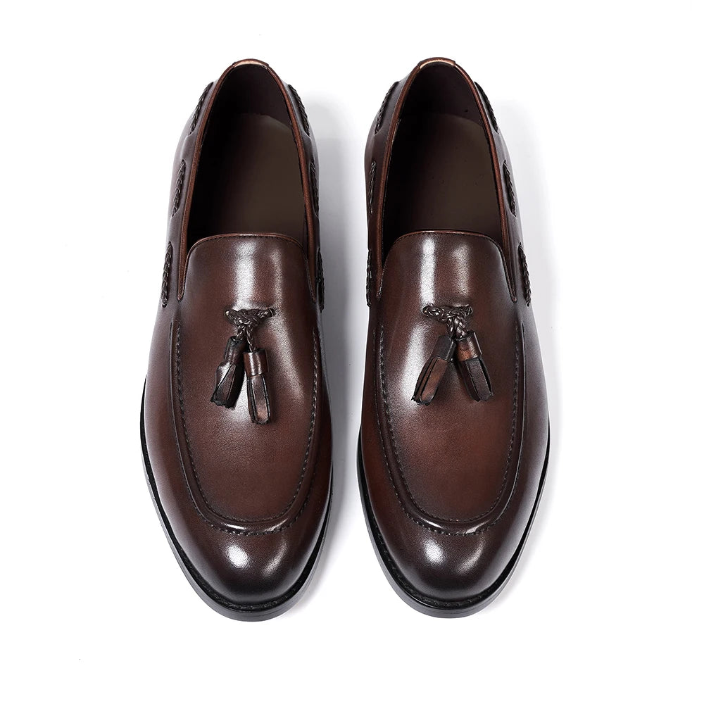 Men’s Genuine Leather Tassel Loafers - Handmade Slip-On Casual Dress Shoes for Office Wedding and Daily Wear