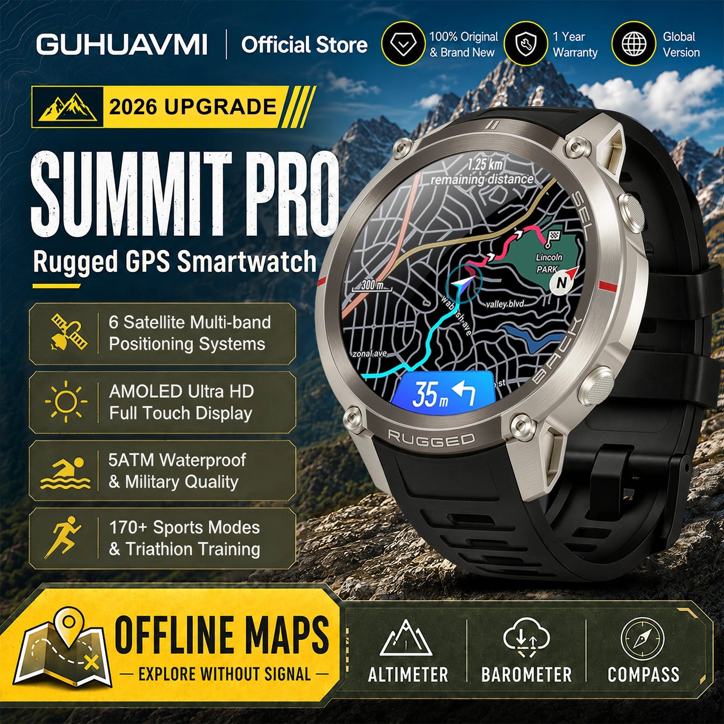 Military GPS Smartwatch for Men - 1.43" AMOLED Display, Bluetooth Calls, Compass, 5ATM Waterproof & 170+ Sports Modes
