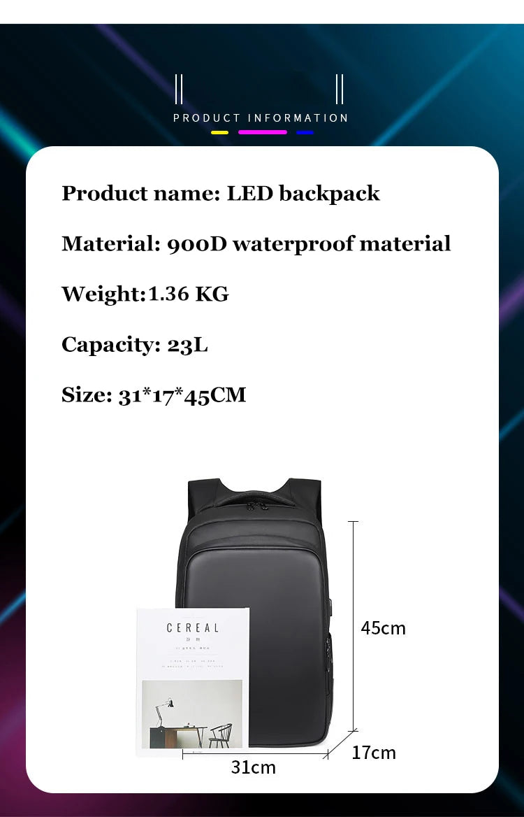 LED Display Laptop Backpack — 15.6” Smart Business & School Travel Bag for Men & Women
