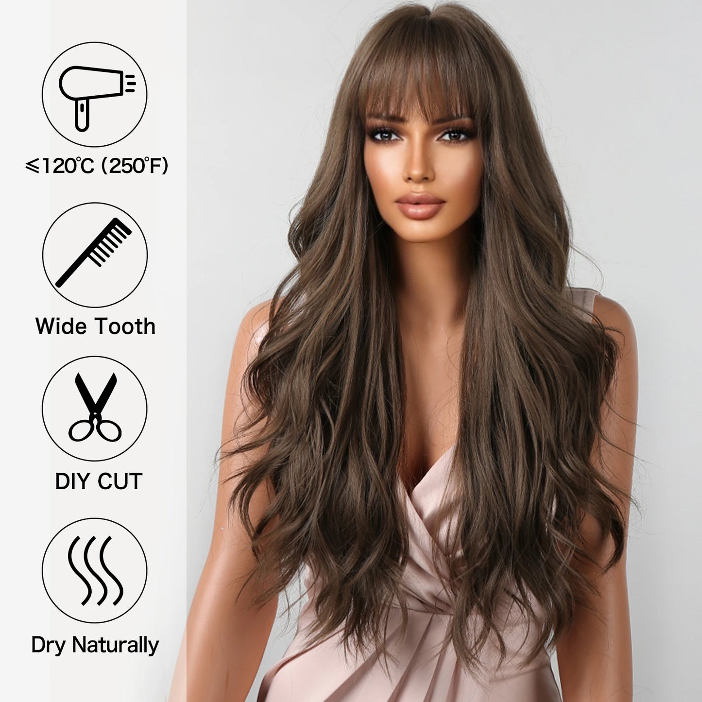 Brown Wavy Long Wig for Women with Bangs — Natural-Look Synthetic Hair, Heat-Resistant for Daily & Cosplay