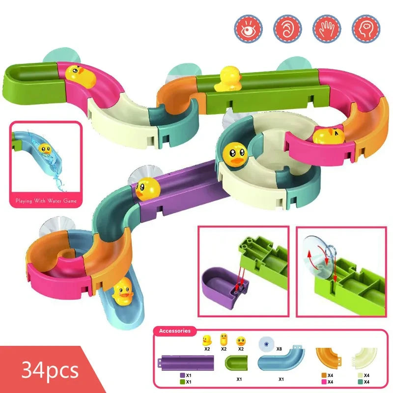 Baby Duck Bath Track Toy Set - DIY Stackable Marble Slide Water Game Toy for Kids Bathtub Fun Gift