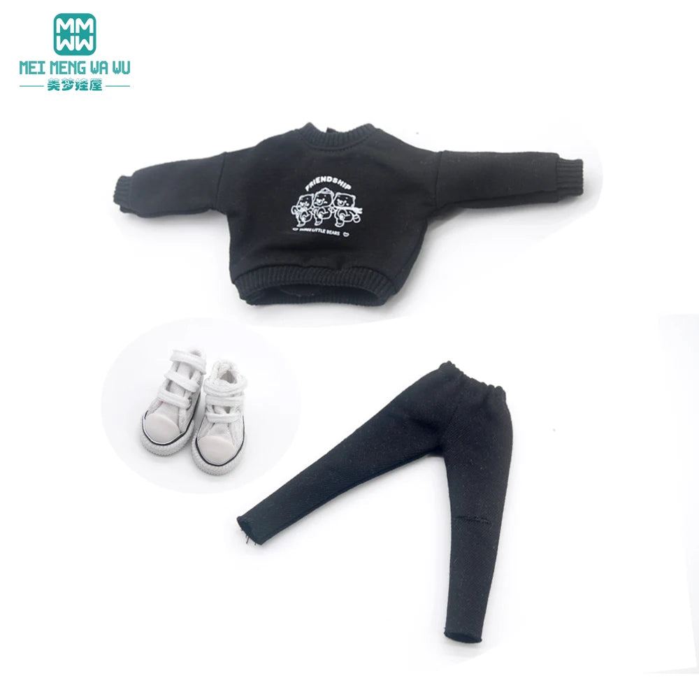 Blythe Doll Clothes – Fashion Tops, Black & White Shirts with Jeans & Plaid Pants for Azone OB22/OB24 Dolls