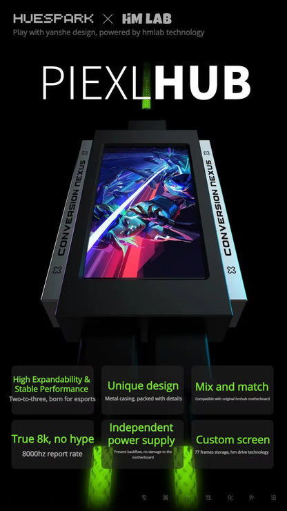 HUESPARK & HMLAB PIEXLHUB 1-to-3 USB Gaming Hub – 8K Stable Power Supply for Trendy Desk Setup, Designed for Gamers