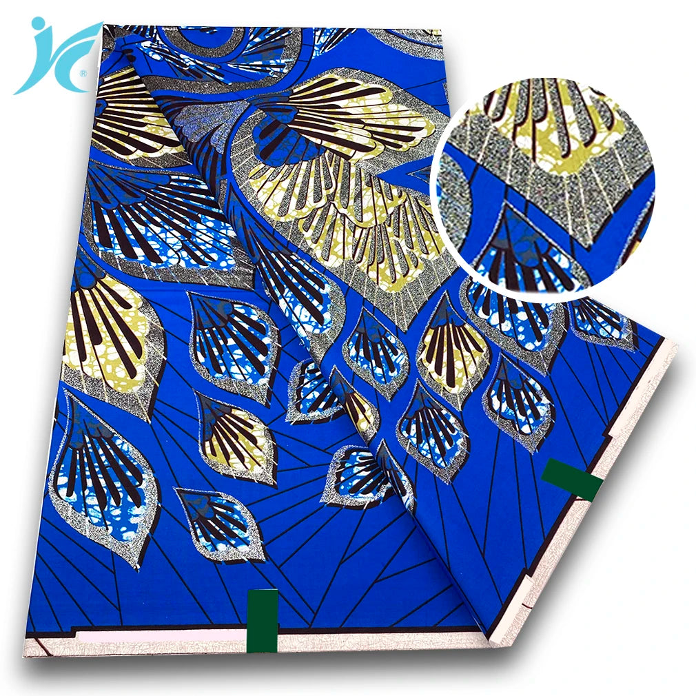 African Golden Glitter Wax Fabric - Soft Ankara Pagne Batik Gold Print Material for Women