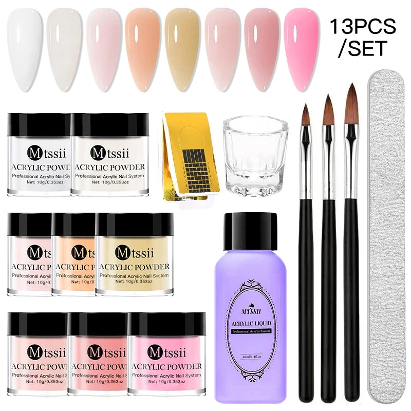 Nail Crystal Powder Kit – Acrylic Liquid Set with Pink & White Powder, Nail Brush for Extension & Carving, Beginner Set