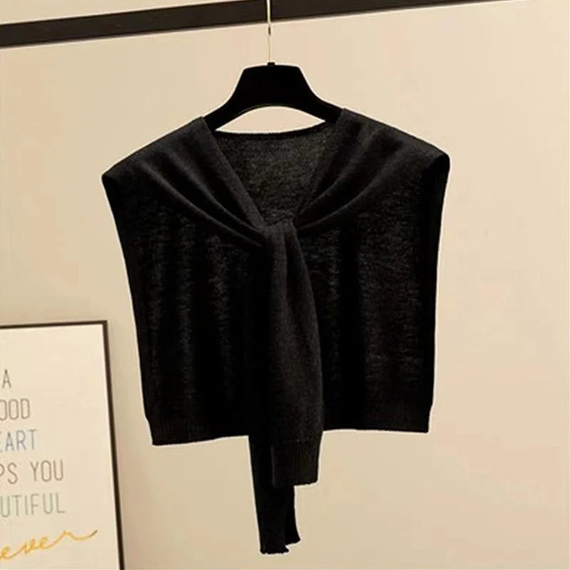 Striped Knitted Shawl Scarf – Warm Winter Cape with Fake Collar for Women