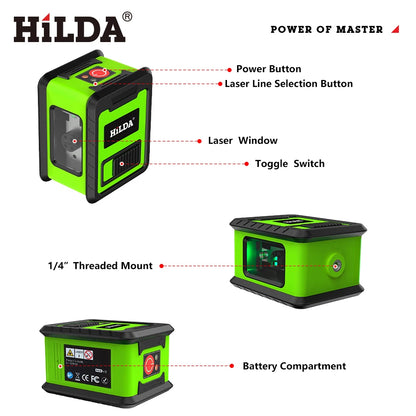HILDA 2-Line Green Laser Level Meter | Self-Leveling Horizontal & Vertical Laser Tool