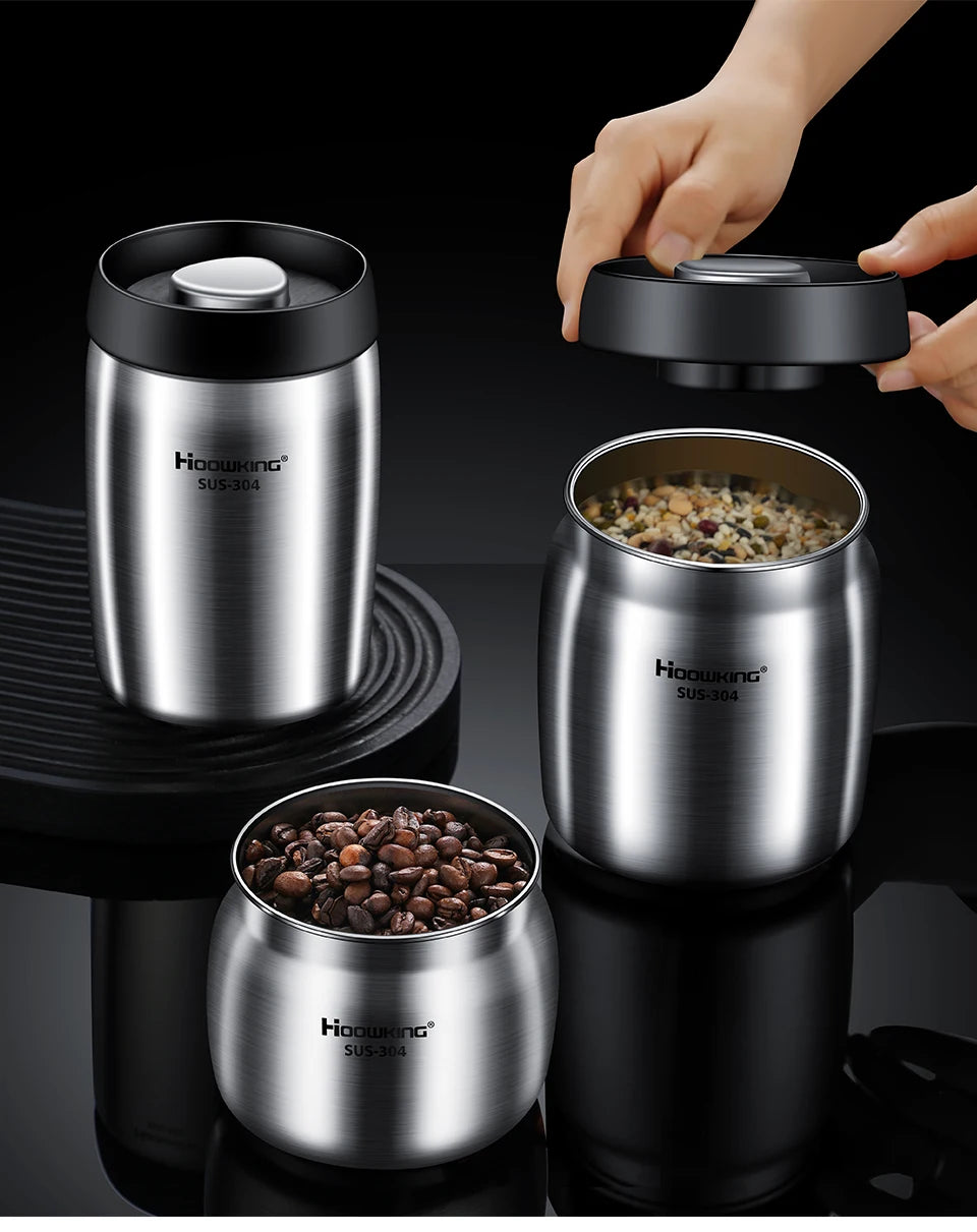 Vacuum Sealed Coffee Bean Storage Tank – 304 Stainless Steel Moisture-Proof Food Jar for Home