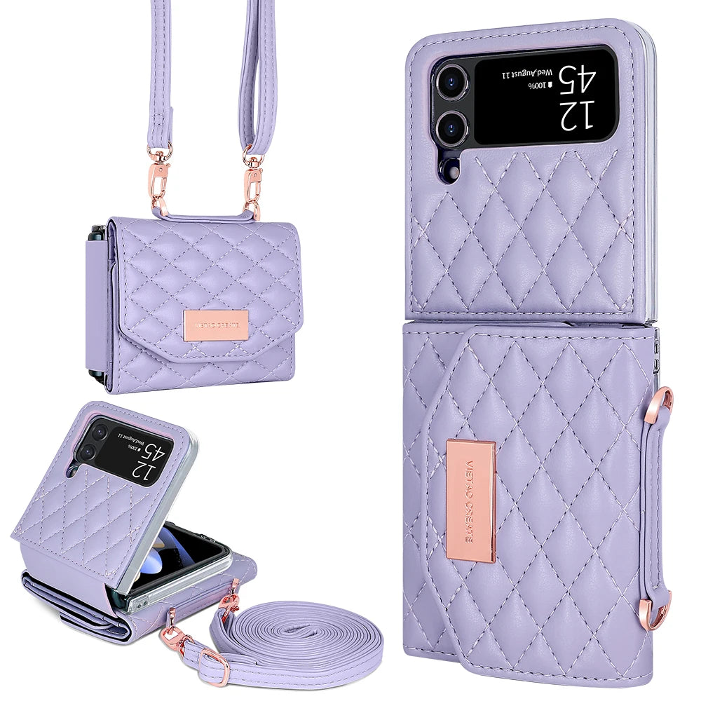 VIETAO Leather Wallet Phone Case with Crossbody Strap — Pink Purse Case for Samsung Galaxy Z Flip 3/4/5/6/7