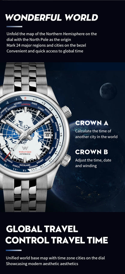 WM Welly Merck Automatic Mechanical Men’s Watch — High-Quality Sapphire, World Time, WM057 Luxury Timepiece