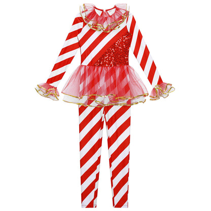 Kids Candy Cane Striped Christmas Tutu Leotard — Sequined Santa Bodysuit for Ballet & Gymnastics