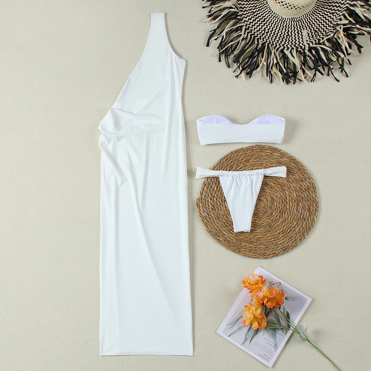 3-Piece Sexy Women’s Swimwear Set – Solid Bandeau Bikini with Beach Cover-Up Long Maxi Dress