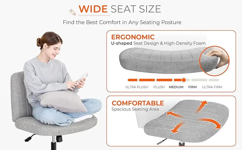 Adjustable Criss Cross Legged Armless Desk Chair - Ergonomic Swivel Reading Chair with Wheels for Bedroom Vanity