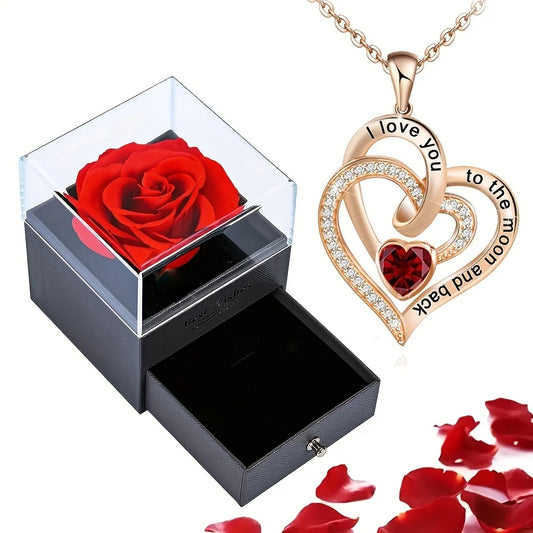 Luxury Love Heart Zircon Necklace - Rose Flower Gift Box Jewelry for Women, Girlfriends & Valentine’s Day
