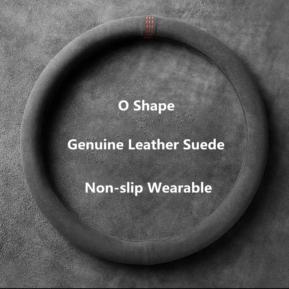 Universal 37–38cm Cowhide Suede Steering Wheel Cover, Breathable Anti-Slip Car Steering Wheel Wrap Accessory