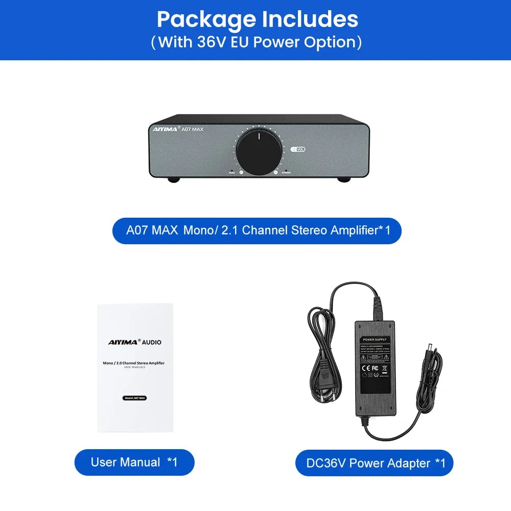 AIYIMA A07 MAX 2-Channel Class D Amplifier – 300W x2 TPA3255 Home Audio Stereo Amp, Bridgeable Mono 600W Power Speaker System