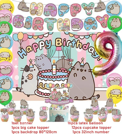 Pusheen Cat Birthday Party Decorations - Cartoon Pet Theme Balloons, Banner, Backdrop, Cake Topper, and Baby Shower Stickers