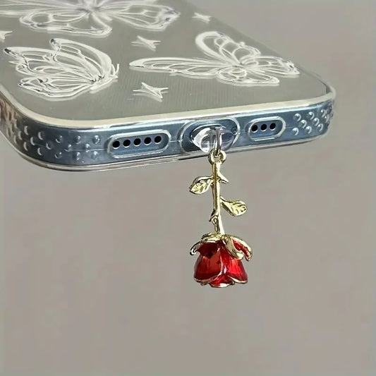 Red Rose Phone Dust Plug - Elegant Floral Hanging Pendant Charging Port Accessory for iPhone & Samsung Type-C Devices