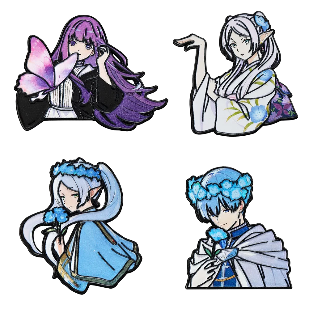 4-Piece Frieren: Beyond Journey’s End Enamel Pin Set - Anime Character Brooches Featuring Frieren, Himmel, Fern, and Stark