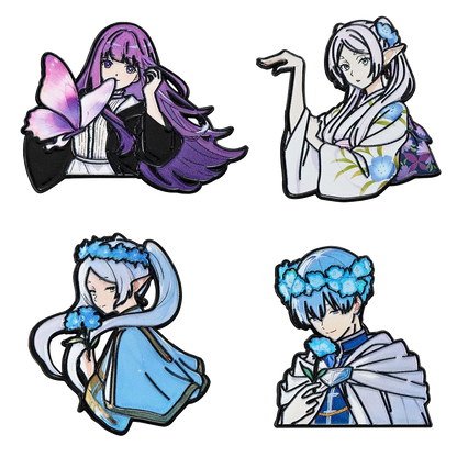 4-Piece Frieren: Beyond Journey’s End Enamel Pin Set - Anime Character Brooches Featuring Frieren, Himmel, Fern, and Stark