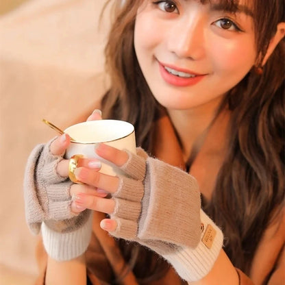 Knitted Fingerless Gloves for Men and Women - Autumn and Winter Windproof Woolen Gloves with Flip Cover for Outdoor Warmth