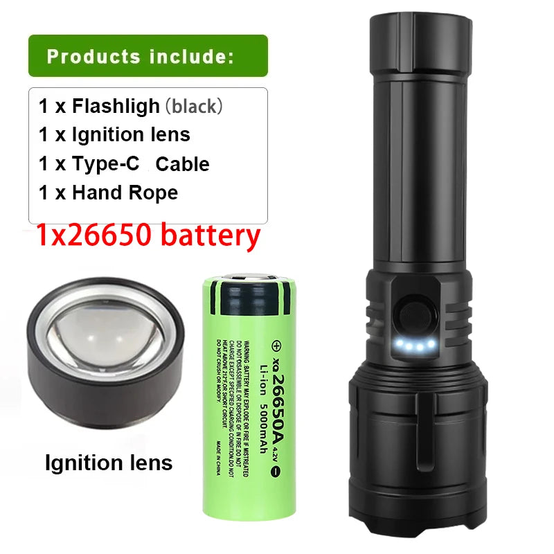Flashlight Lighter & Power Bank - Rechargeable 5-Mode Zoomable LED Torch for Camping & Emergencies